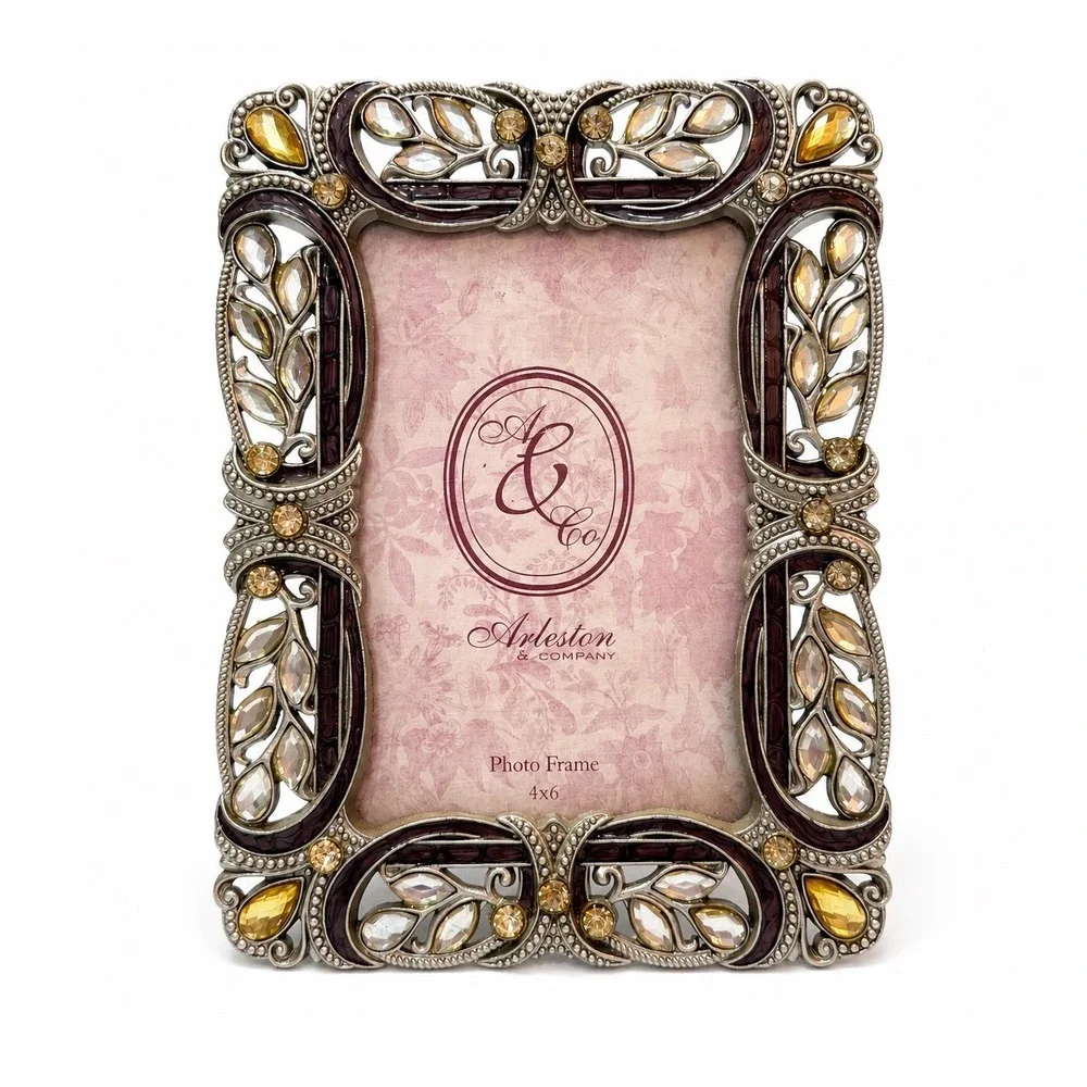 Hollywood Regency Inspired Jeweled Rhinestone 4x6 Picture Frame Ornate Silver